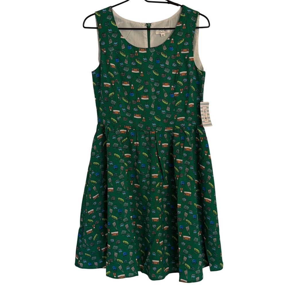 Tulip B Womens Green Novelty Handbag Purse Print Sleeveless Fit Flare Dress L